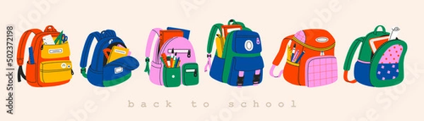 Fototapeta Set of different school backpack and schoolbag. Collection of colorful children bags with stationary, textbooks. Hand drawn vector illustration isolated on white background. Modern flat cartoon style.