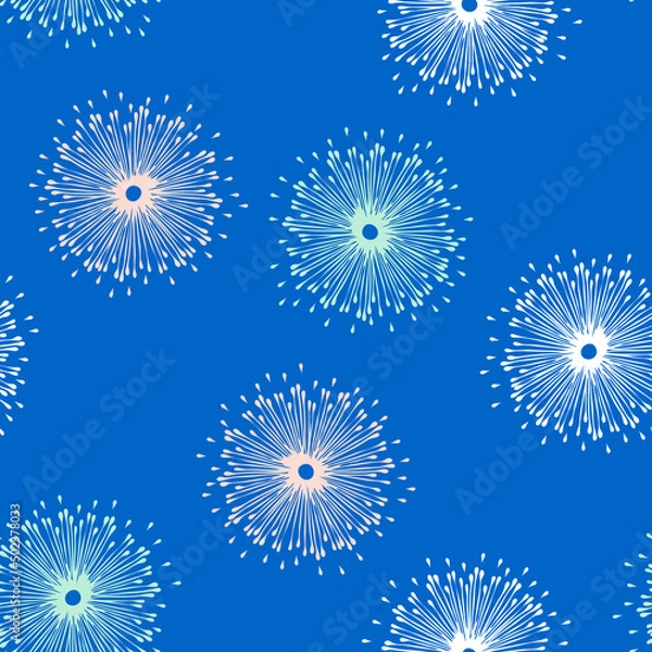 Fototapeta Seamless vector pattern with flower burst on blue background. Simple fluffy floral wallpaper design. Decorative modern fashion textile.