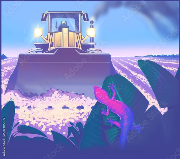 Obraz Lizard watches approaching bulldozer about to destroy habitat.