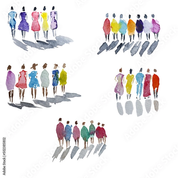 Fototapeta Color spot with watercolors in the form of a group of people. Hand-drawn watercolor illustration: silhouettes of a group of people in full growth.