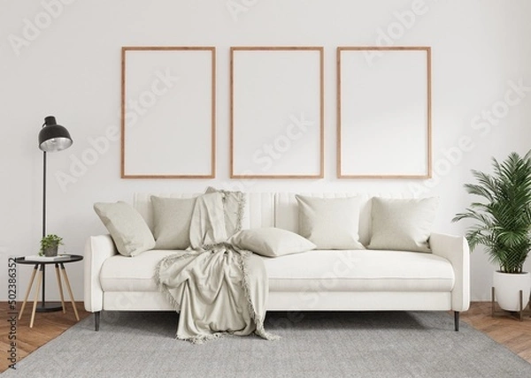 Obraz Three empty photo frame for mockup in living room. 3D rendering..