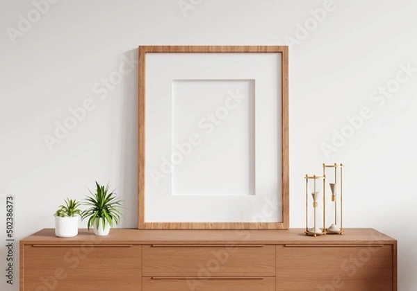 Obraz Empty photo frame for mockup in empty white room. 3D rendering.