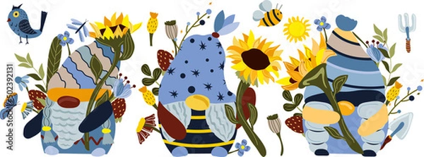 Obraz Set of cartoon gnomes holding a sunflower. Wildflowers, bee, butterfly and leaves on white background. Vector illustration.