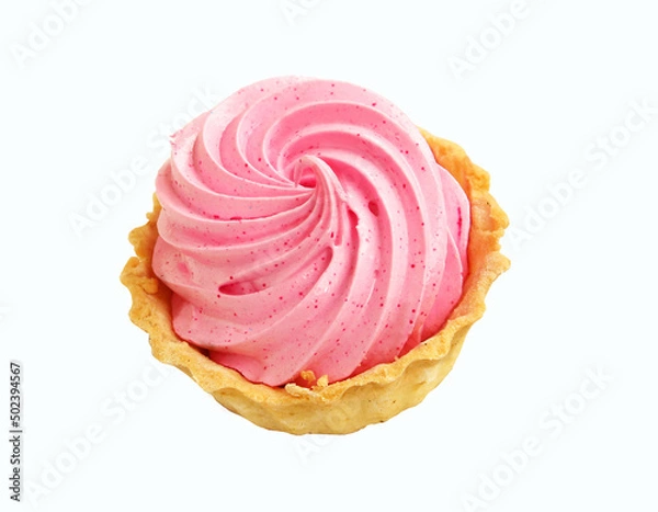 Fototapeta Sponge cake with protein pink cream isolated on white background.Delicious sweet food. view from above. Sand basket.