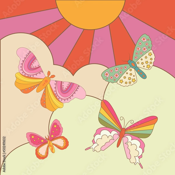 Obraz Retro daisies with butterflies and sparkles. Summer simple minimalist flowers.