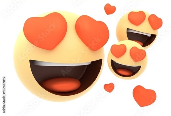 Fototapeta 3D Emoji and emoticon face. Floating Emojis or emoticons with love eyes and laughing isolated in white background. 3d render illustration.