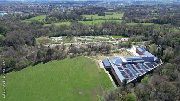 Fototapeta Aerial image of the newly refurbished building holding the Burrell Collection. A large collection of art and antiques.