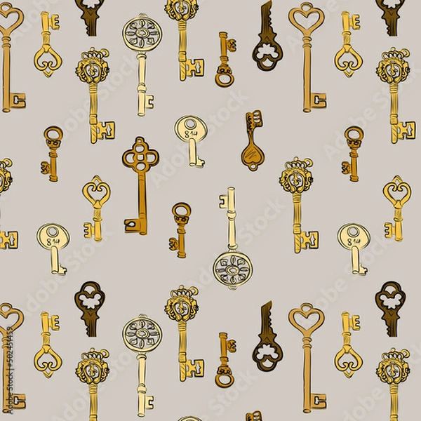 Fototapeta Vintage keys, bronze, gold, silver. Drawing on a transparent background. Choose your own background color. Pattern, desktop wallpaper, pattern on fabric, background. Vector pattern.
