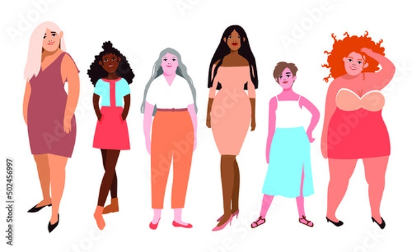 Fototapeta a group of women of different age, ethnicity and body type wearing elegant clothes and standing together and smiling - hand drawn vector illustration