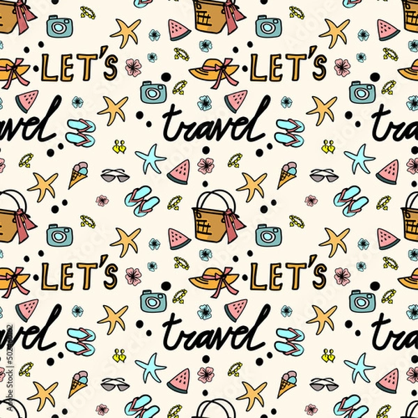 Fototapeta Summer, vacation, beach, travel. Drawing on a transparent background. Choose your own background color. Pattern, desktop wallpaper, pattern on fabric, background. Vector pattern.