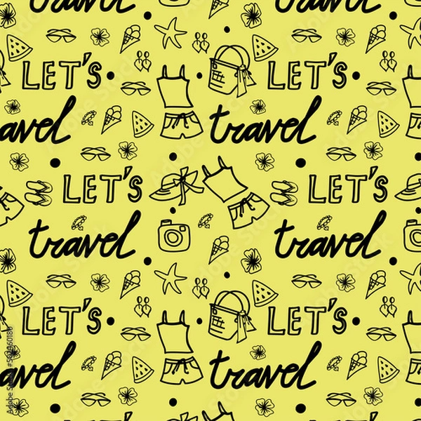 Fototapeta Summer, vacation, beach, travel. Drawing on a transparent background. Choose your own background color. Pattern, desktop wallpaper, pattern on fabric, background. Vector pattern.