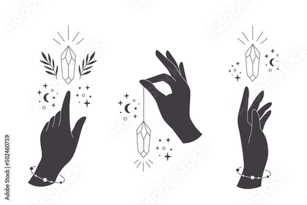 Fototapeta Hand with crystal. Mystical, esoteric, magic or healing crystal. Linear art. Editable strokes. Vector illustration