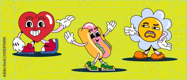 Fototapeta Set of cute characters in different poses on a geometric background