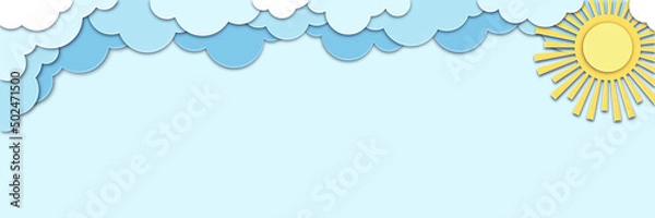 Obraz Blue sky, clouds and sun in paper cut style. Cute background with place for your text. Vector background