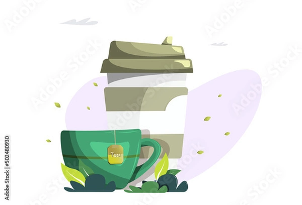 Fototapeta Cups with coffee and tea. Vector cartoon flat illustration in modern design