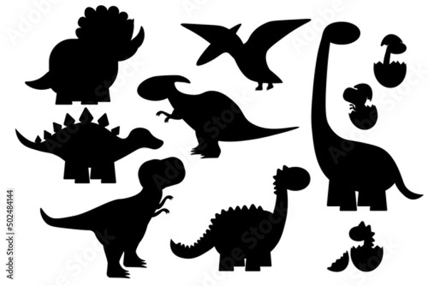 Fototapeta Set of black silhouettes of dinosaurs on a white background, stegosaurus, Triceratops, Tyrannosaurus, Brontosaurus, pterodactyl and others EPS