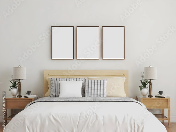 Fototapeta Bedroom interior mockup with 3 blank frames and wooden bed. 3d rendering. 3d illustration