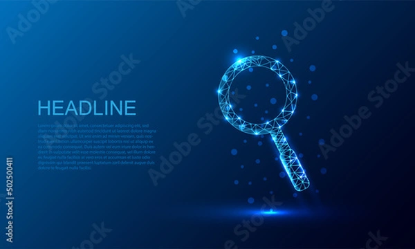 Fototapeta Magnifying glass or search icon.Low poly style design.Wireframe light connection structure. Modern 3d graphic. Vector illustration.