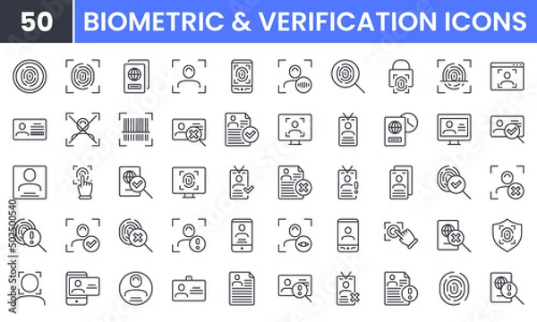 Obraz ID, Biometric and Verification vector line icon set. Contains linear outline icons like Fingerprint Check, Person Identification, Passport, Legal Document, Driving License. Editable use and stroke.