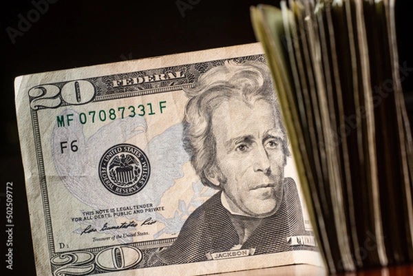 Obraz stack of twenty dollars banknotes, close up, front side