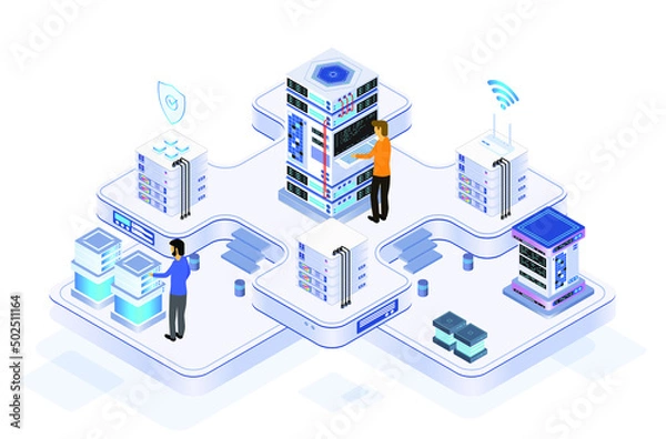 Obraz Data center or server room processing data operation with security protection and maintenance with isometric design style - vector	