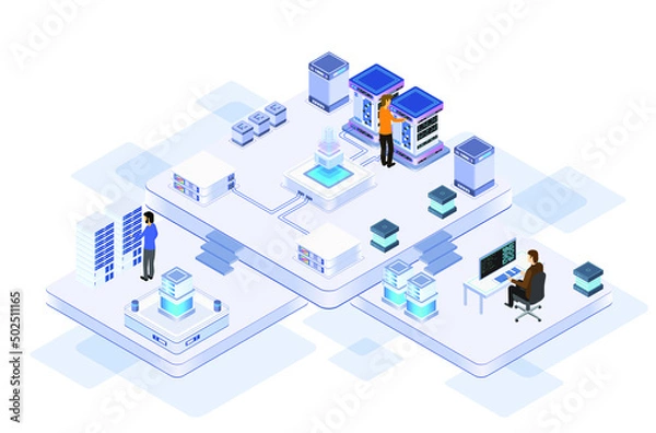 Obraz Data center or server room processing data operation with security protection and maintenance with isometric design style - vector	
