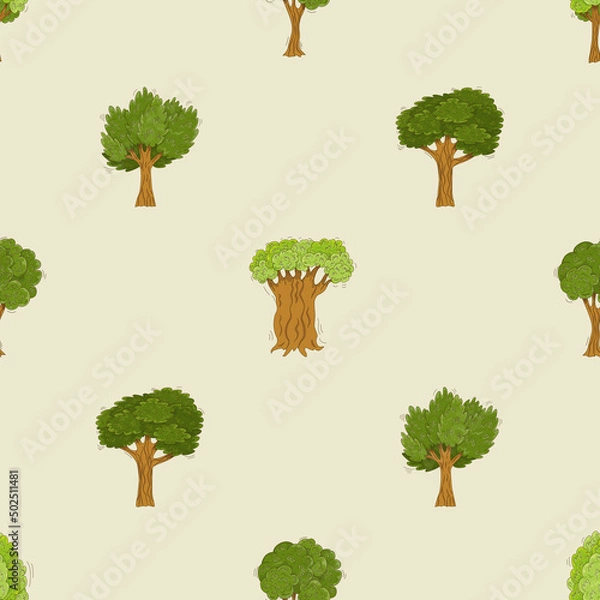 Fototapeta Seamless vector pattern with hand-drawn deciduous trees. Seamless background with illustrations of cartoon trees with green leaves and treetops. Ecological pattern about forests and nature.