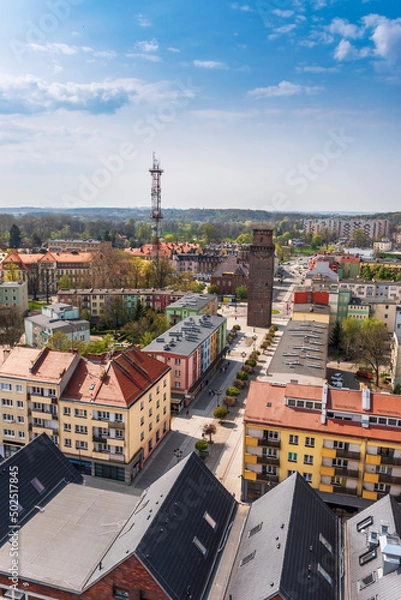 Fototapeta Aerial view towards the Ziębicka Gate Tower - a gothic defensive tower made of red brick.