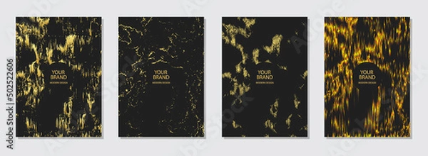 Obraz Modern set of holiday covers. Black backgrounds with grungy abstract gold texture of spots, sparkles, splashes. Collection of vertical templates for design and decoration with space for text.