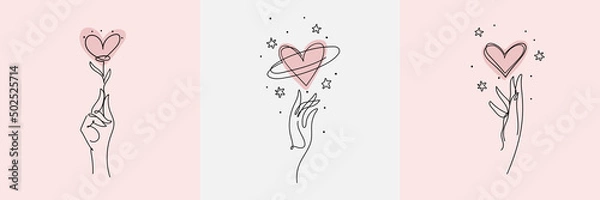 Obraz Zestaw kobiecych ikon salonu piękności, koncepcja miłości. Continuus Line Art Hand and Heart, estetyczny symbol, logo, tatuaż. Ilustracja wektorowa izolowana na białym tle.