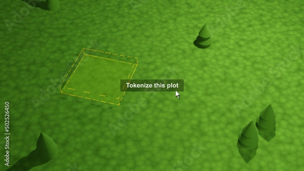 Fototapeta Invest in WEB3, tokenize a plot land in metaverse. Virtual real estate in digital decentralized world. Plot nft, land parcel, real estate tokenized. Invest in Meta verse NFT web 3.0. P2E