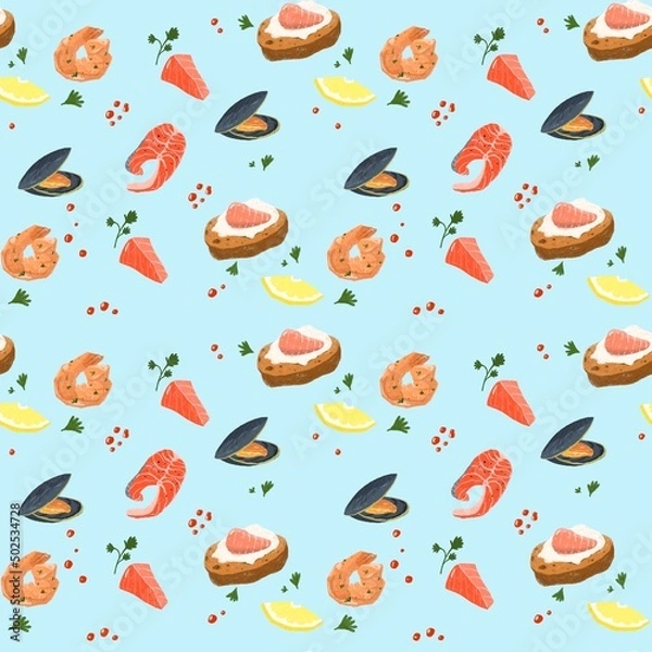 Fototapeta A pattern with the image of seafood. You can use it to print on wrapping paper or according to your choice