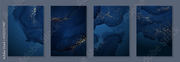 Fototapeta Modern watercolor background or elegant card design for birthday invite or wedding or menu with abstract navy blue ink waves and golden splashes.