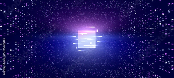 Fototapeta Metaverse abstract background with glowing glitch square in the center, perspective tunnel with a huge number of colorful elements illustrating the metaverse, virtual cyber space.