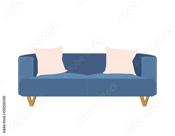 Fototapeta Blue sofa with pillows, front view. Furniture element for interior design. vector illustration in flat style