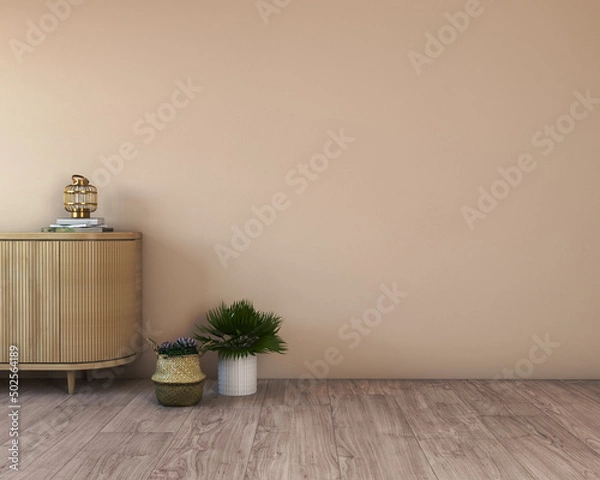 Fototapeta Wall mockup in living room or bedroom interior with wooden and curved sideboard, trendy green plant in basket and wicker lantern on empty white background. Illustration, 3D rendering
 
 