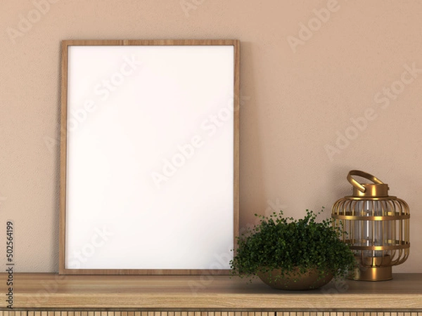 Fototapeta Vertical wooden frame on a light wooden console or sideboard with golden pot plant and lantern. Minimalism style. Close up view. 3d rendering. Illustration