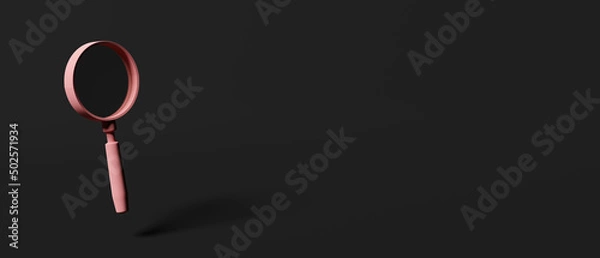 Fototapeta 3D render pink magnifying glasses icon on black background. Banner size.
