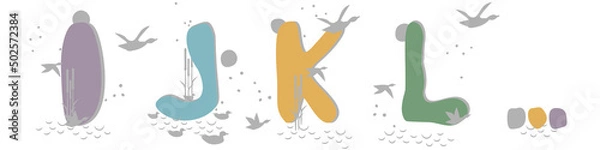 Fototapeta Set of hand drawn letters I, J, K, L. Flock of ducks, geese flies to moon, swim in pond among reeds. Abstract objects, spots, points, shadows. Vector illustration, birds, plants, water, pastel colors.