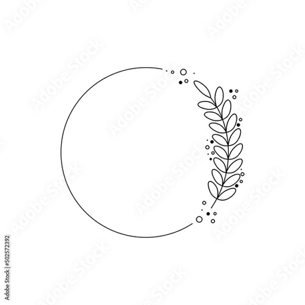Fototapeta Floral round frame, wreath twig in outline and blot style on white background. Vector illustration for the design of banners, invitations, congratulations, advertising.