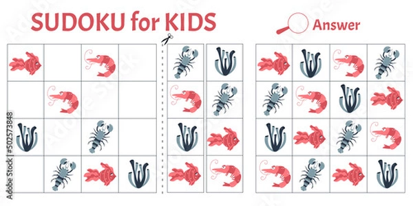 Fototapeta Sudoku game for kids with pictures of sea animals. Children's activity sheet. Vector illustration cartoon style