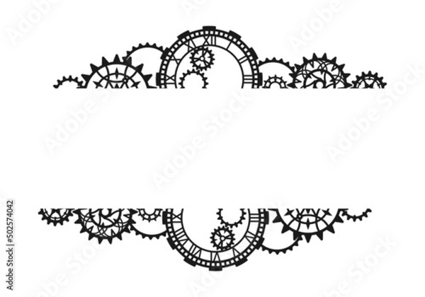 Fototapeta Vintage black border made of clock, different gears and cogwheels on a white background with place for text. Steampunk frame. Vector design template for banner, poster, flyer, signage, label, postcard