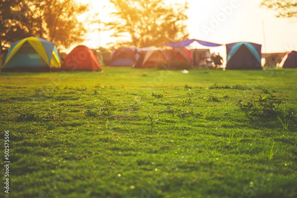 Obraz Selective focused on Lawn or green grass ground of camping ground near the sea beach. with camping tent in the background.