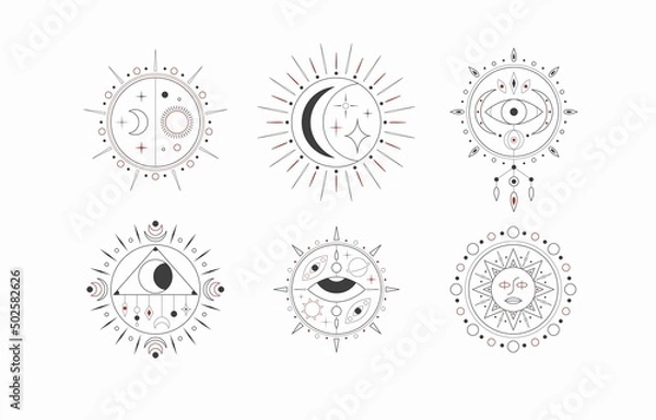Fototapeta Simple geometric minimalistic Icons. Logo templates. Trendy Vector illustration. Astrology, esoteric, yoga, alchemy, mystery concept. Print, tattoo idea. Boho abstract style. All elements are isolated
