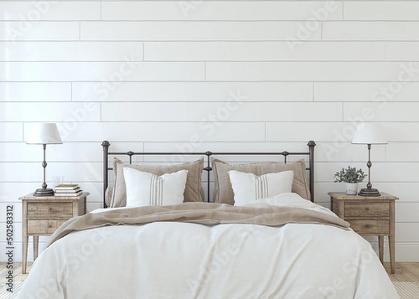 Obraz Modern farmhouse bedroom. 3d render.