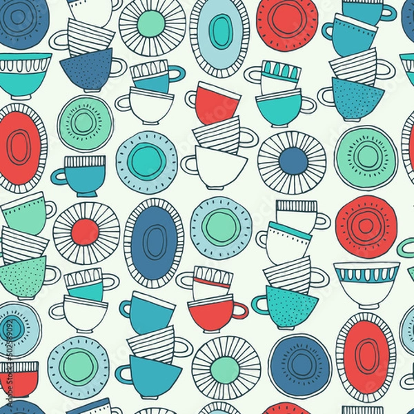 Fototapeta Seamless pattern. Hand drawn cups, plates and saucers decorated with patterns in Scandinavian style. Hot drinks, Pottery, holidays concept. For wrapping paper, other design projects