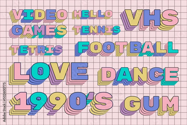Fototapeta 90s aethetic words with shadows typography on pink checked background 