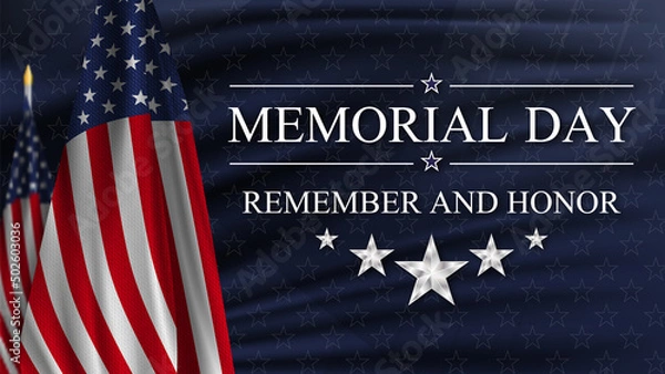 Obraz Memorial Day. Remember and Honor. United states flag poster. American flag and text on blue with stars background for Memorial Day.