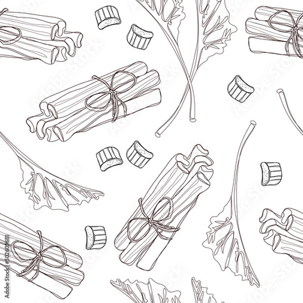 Obraz Hand drawn rhubarb pattern. leaves, bunches cut and whole with strawberries composition. Illustration isolated on white background. Continuous line drawing.