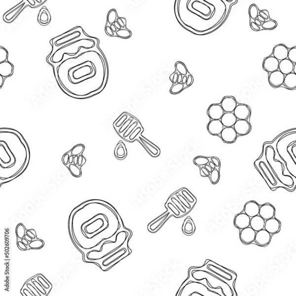 Fototapeta Seamless pattern hand drawn by watercolor. Isolated on white background. Bee, honey, summer objects. Organic, natural design.